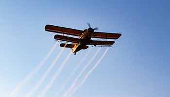 Single-engine biplane spraying mosquitocide chemical over the city